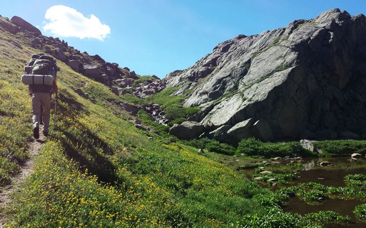 a few people walk along a grassy trail alongside large boulders